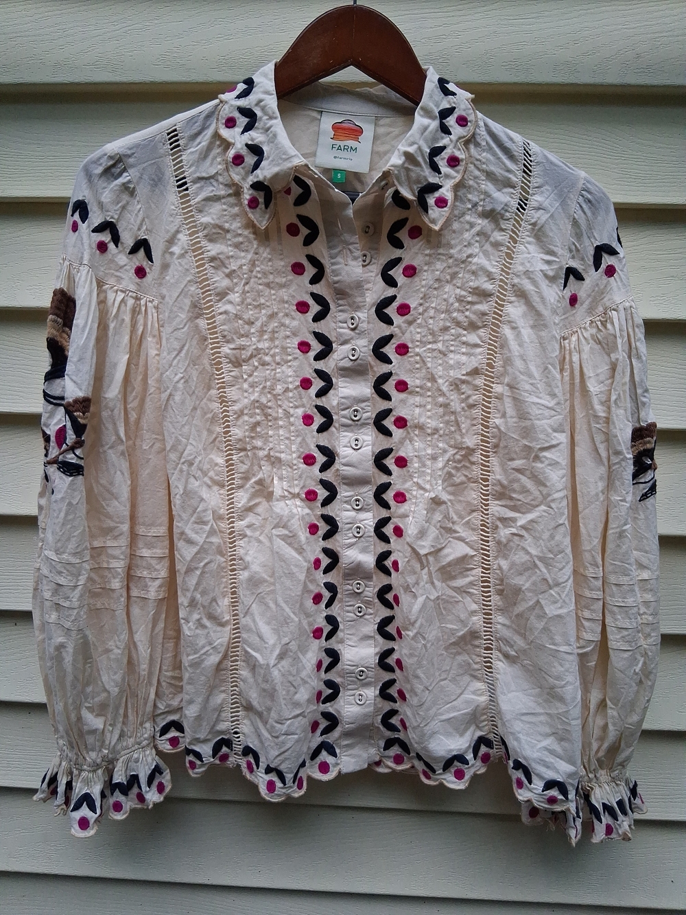Farm Rio Women’s Blouse Bohemian Long Balloon Sleeve Embroidered Size Small